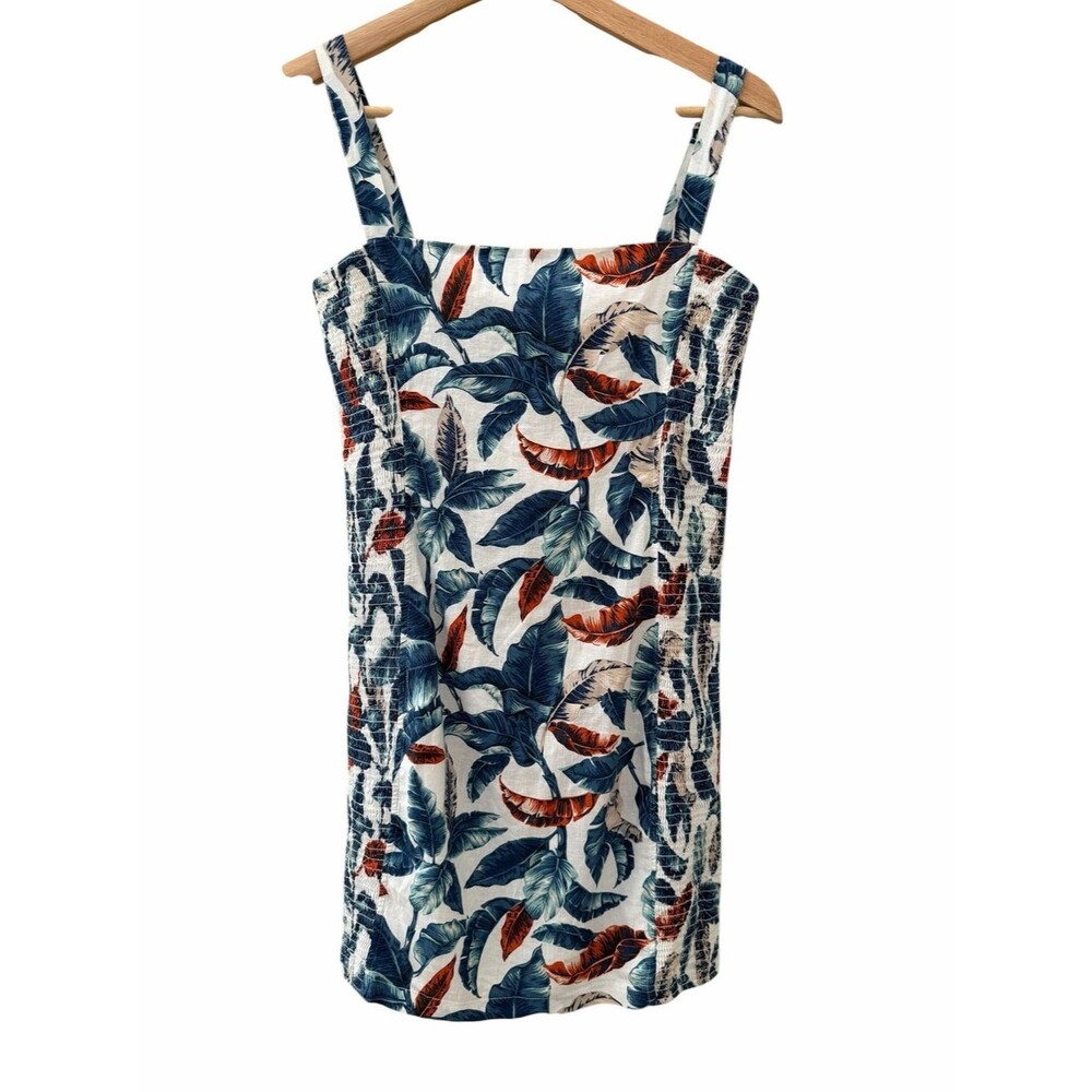 Robin K Linen Blend Shirred Sleeveless Dress Sz M Navy Rust Tropical Strap Beach